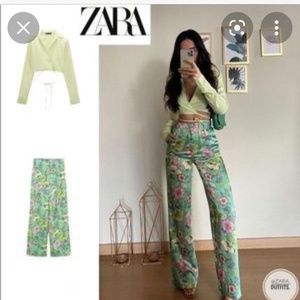 Zara Green Floral Full Length Satin Effect Pants